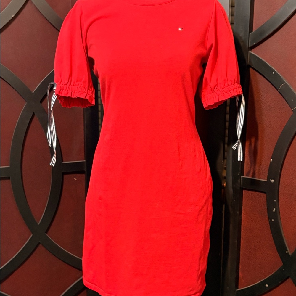 Tommy Hilfiger Red Puff-Sleeve Mini Dress – Tie Cuffs